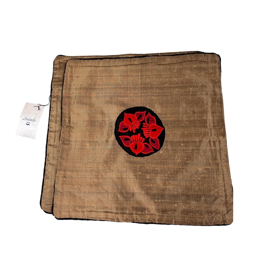 Ananda Bronze Pillowcases Silk Asian Motif Home Decor Euro Sham Covers Set of 2